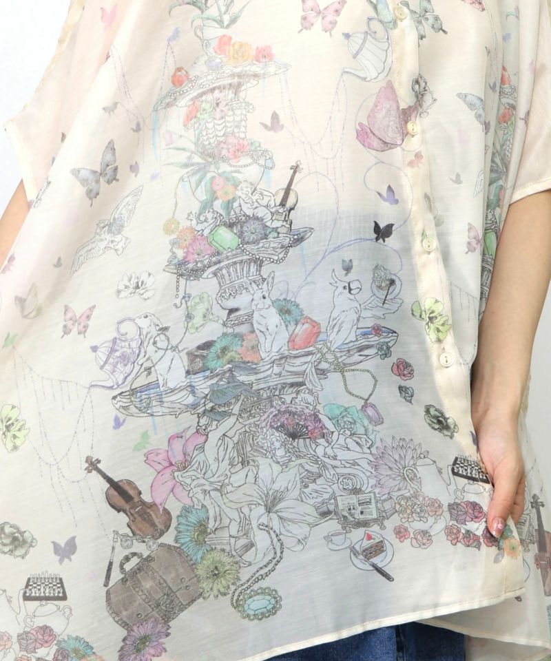 花蝶線描きプリント 切替チュニックシャツ-13