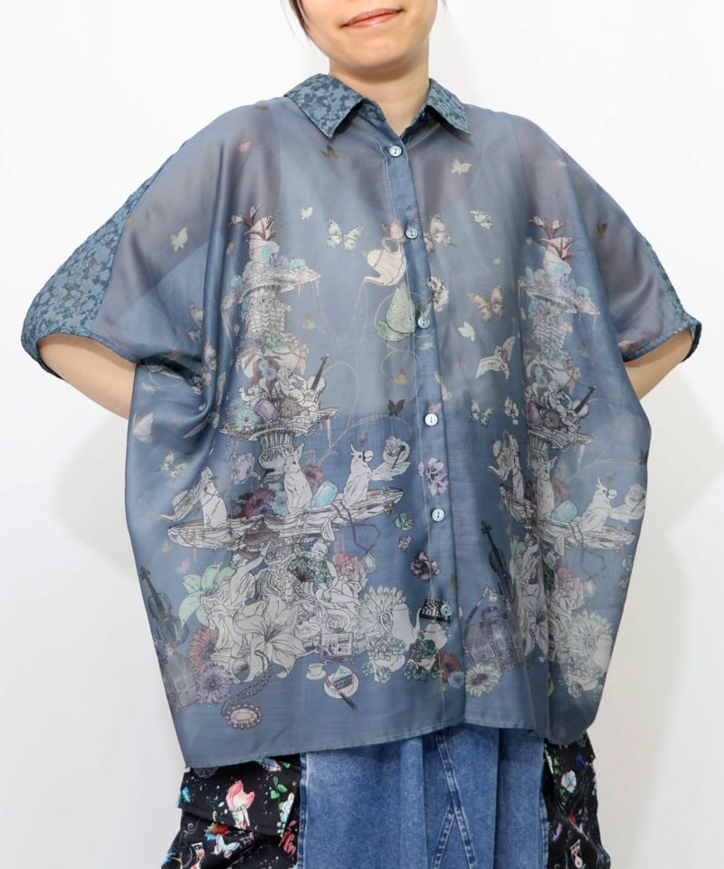 花蝶線描きプリント 切替チュニックシャツ-14