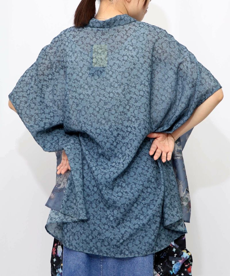 花蝶線描きプリント 切替チュニックシャツ-16