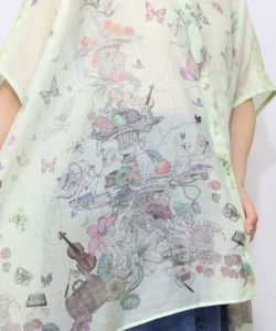 花蝶線描きプリント 切替チュニックシャツ-21