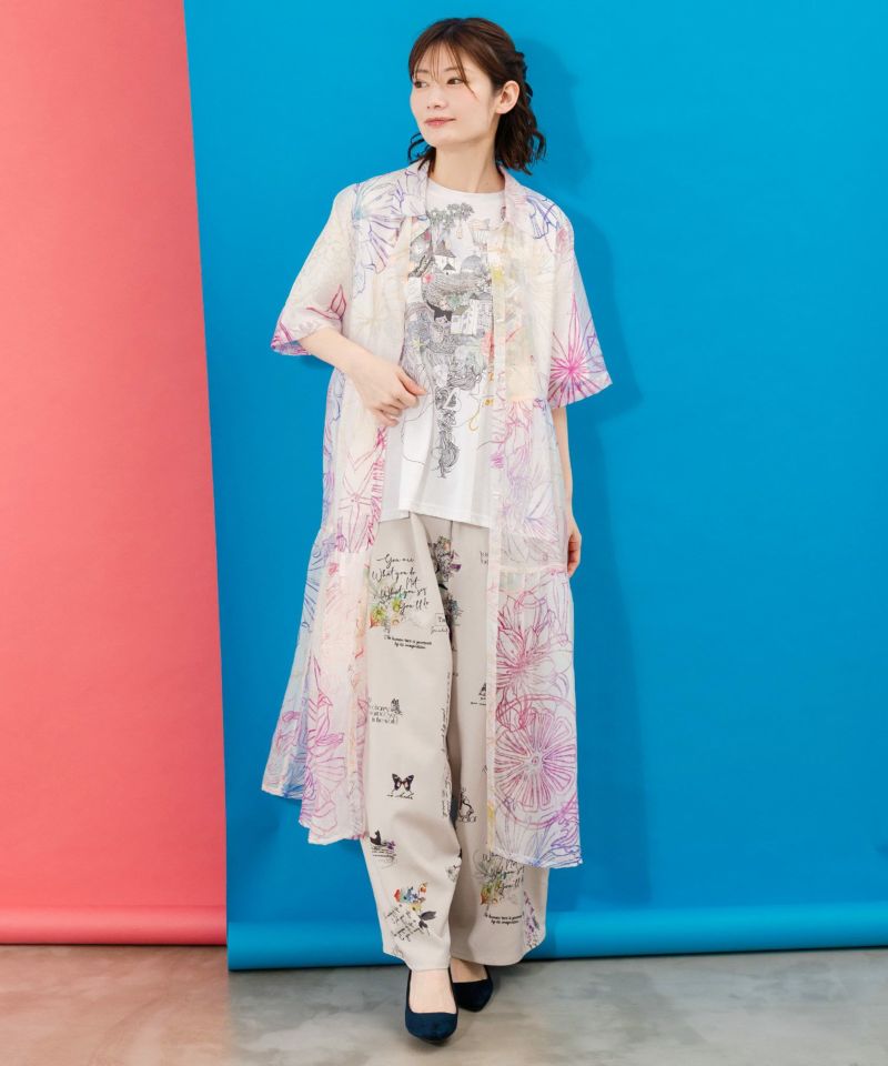 花フルーツ柄シアーシャツワンピース-1