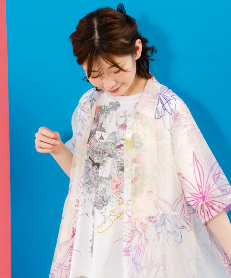 花フルーツ柄シアーシャツワンピース-2