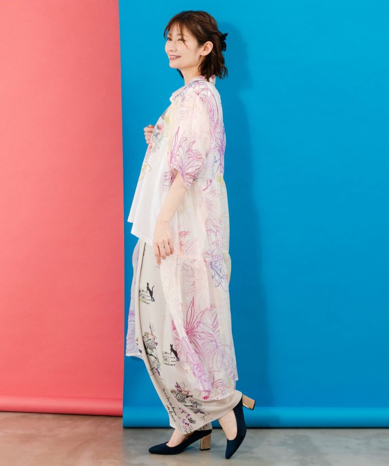 花フルーツ柄シアーシャツワンピース-3