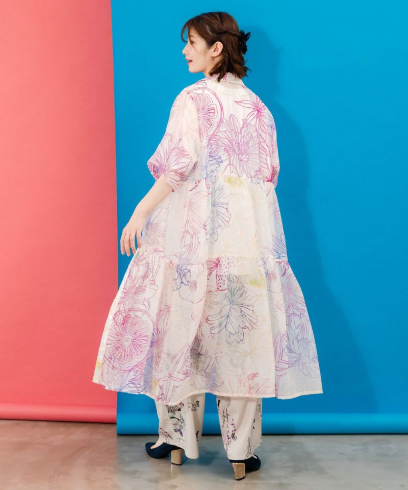 花フルーツ柄シアーシャツワンピース-4