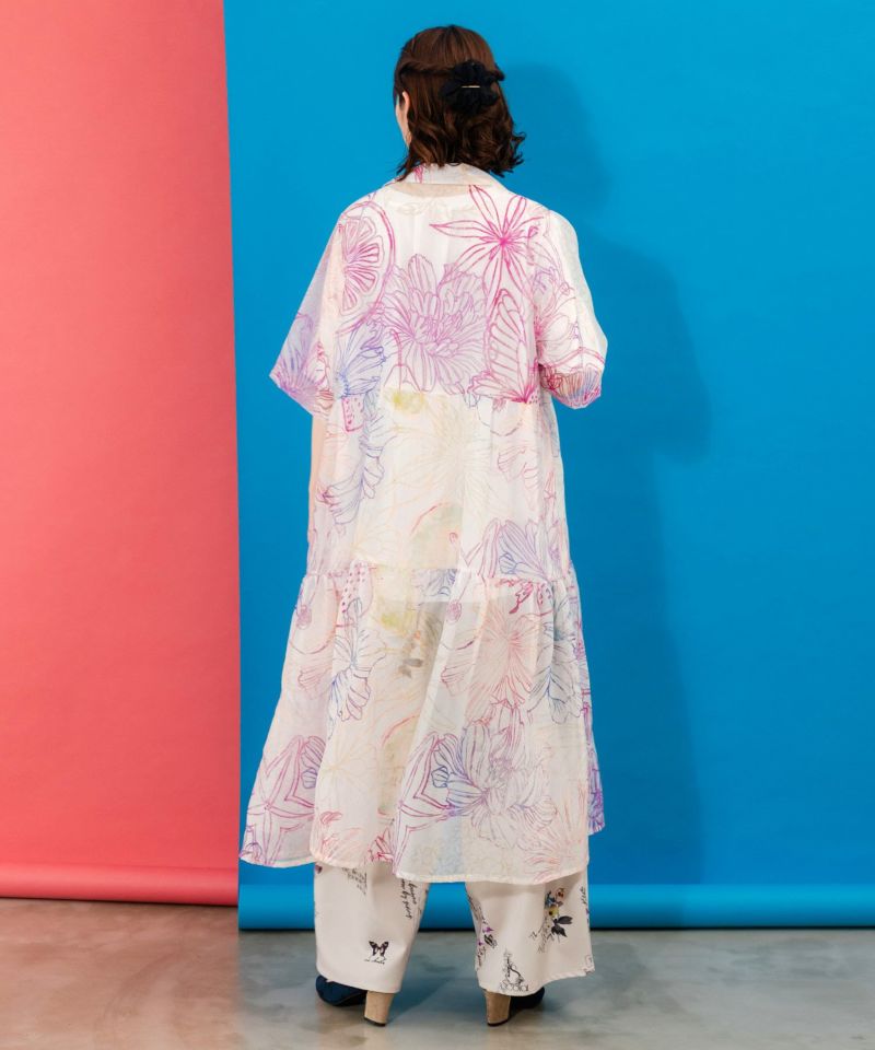 花フルーツ柄シアーシャツワンピース-5