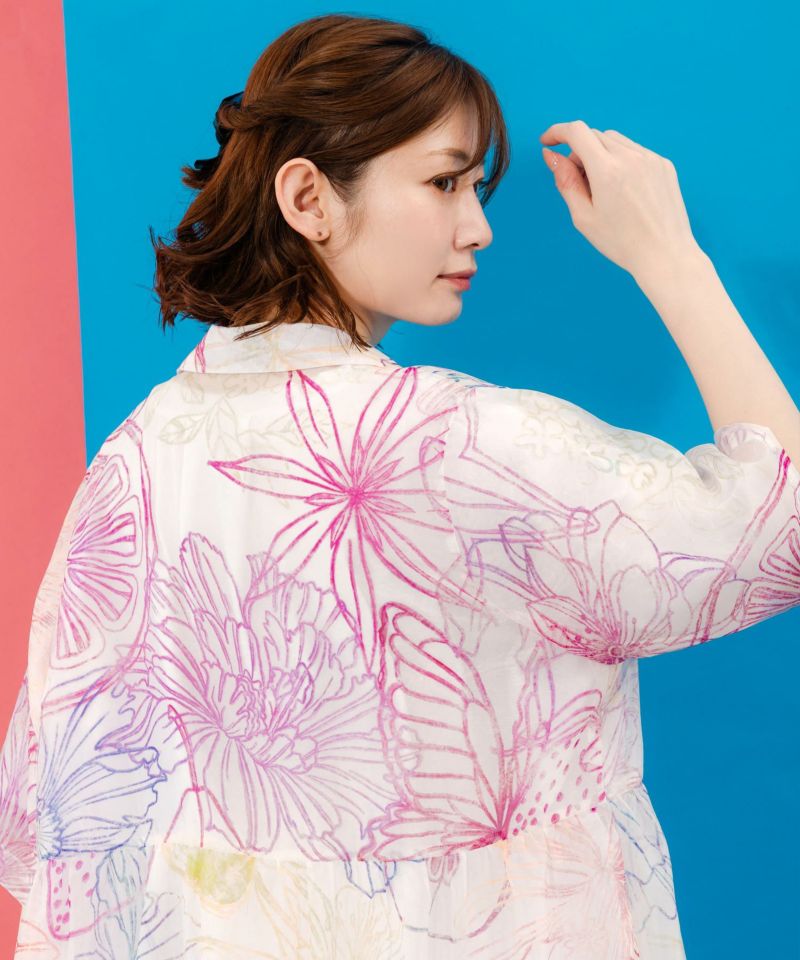 花フルーツ柄シアーシャツワンピース-6