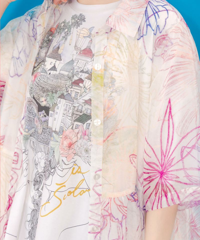 花フルーツ柄シアーシャツワンピース-7