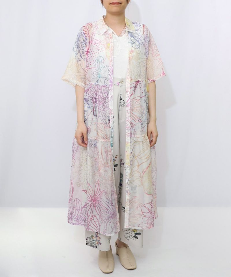 花フルーツ柄シアーシャツワンピース-8