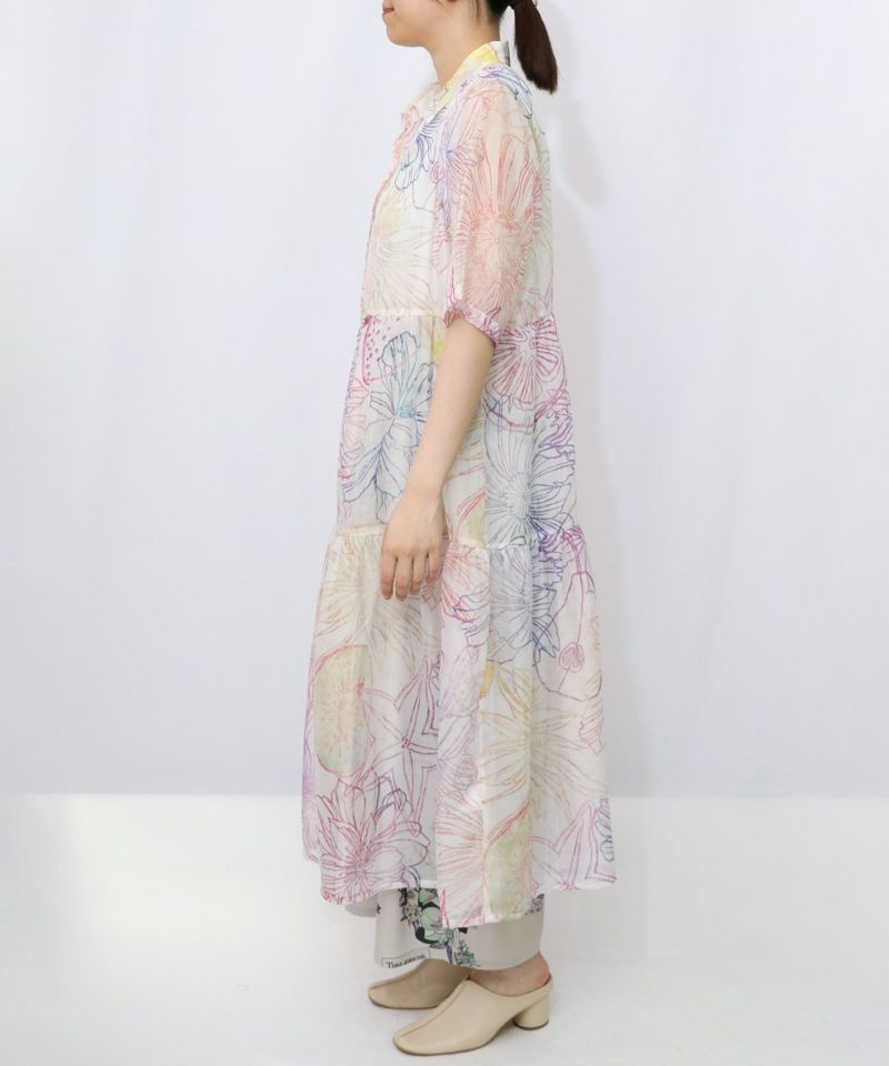 花フルーツ柄シアーシャツワンピース-9