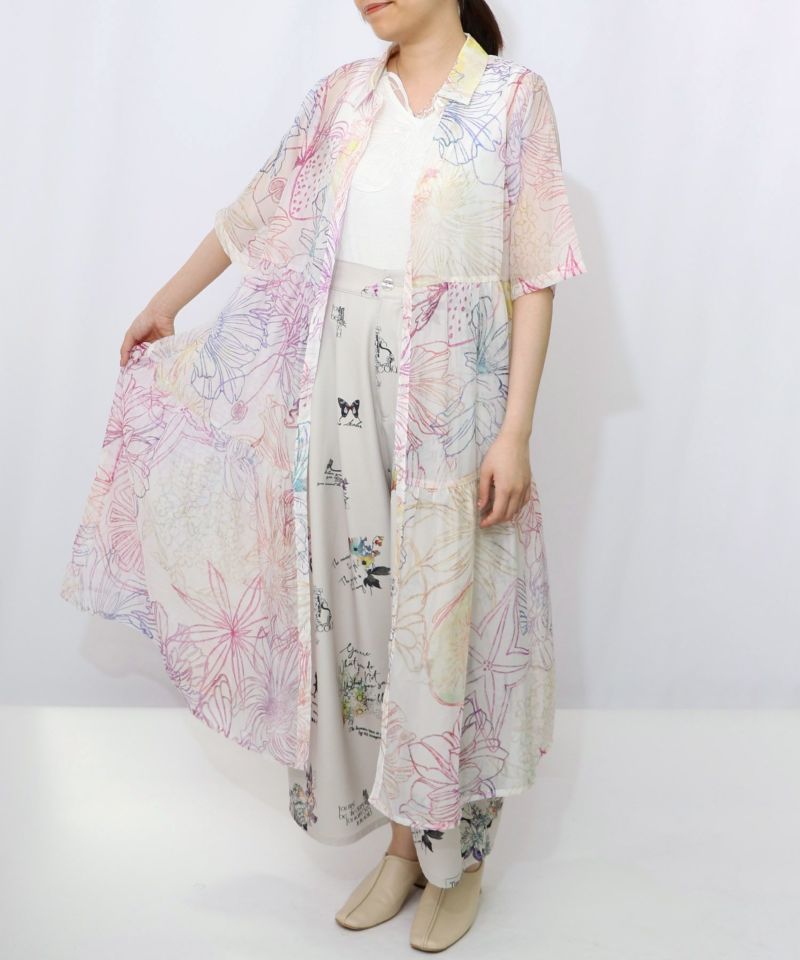 花フルーツ柄シアーシャツワンピース-10