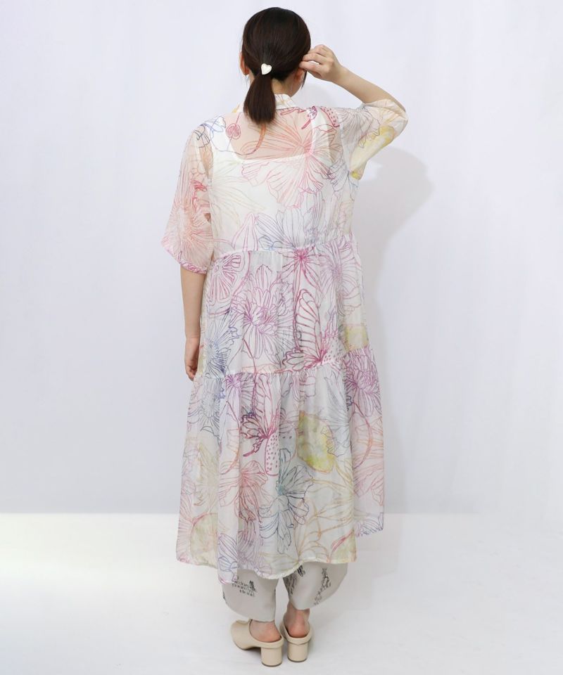 花フルーツ柄シアーシャツワンピース-11