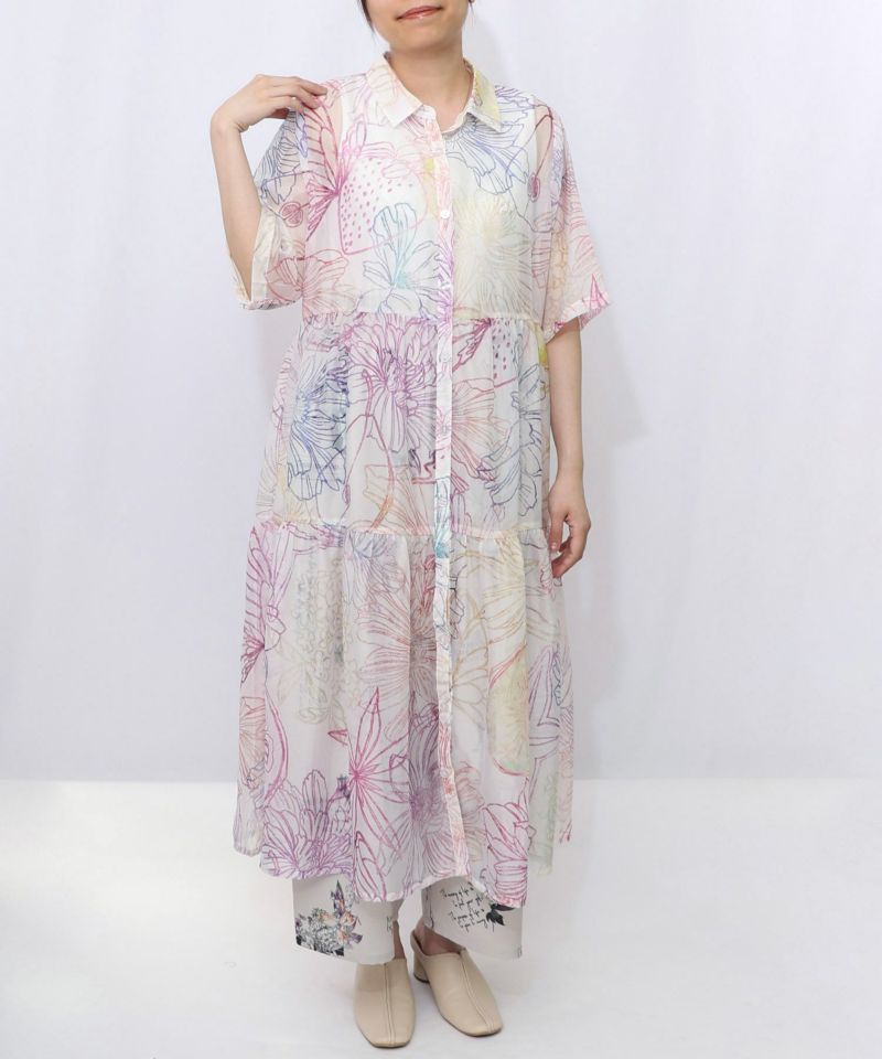 花フルーツ柄シアーシャツワンピース-12