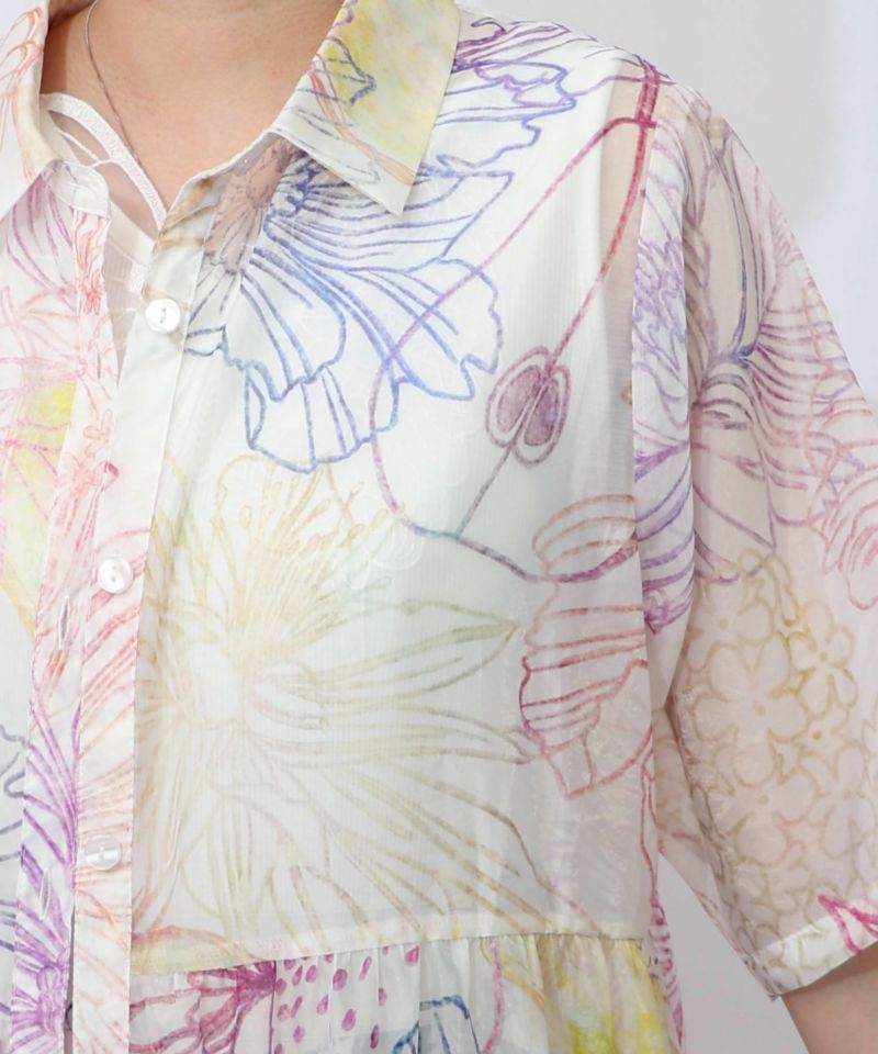 花フルーツ柄シアーシャツワンピース-13