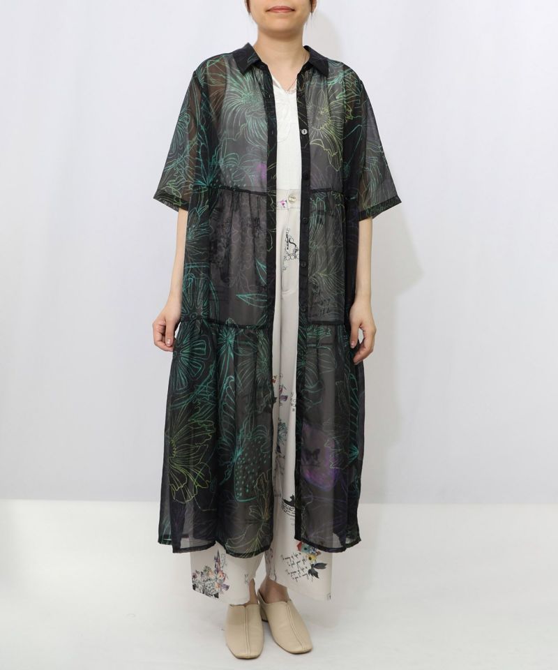 花フルーツ柄シアーシャツワンピース-14