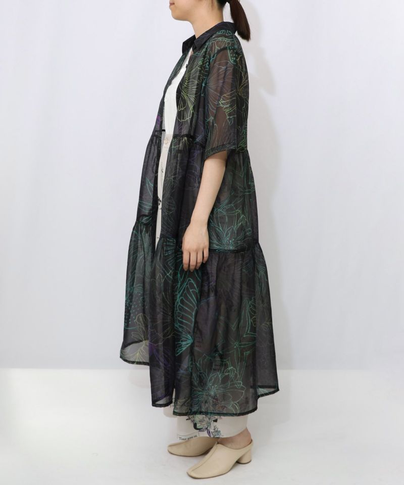 花フルーツ柄シアーシャツワンピース-15