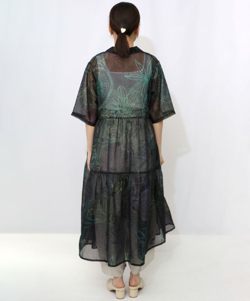 花フルーツ柄シアーシャツワンピース-16