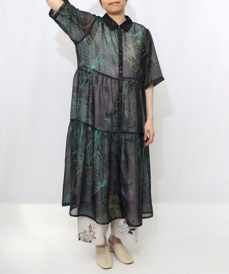 花フルーツ柄シアーシャツワンピース-17