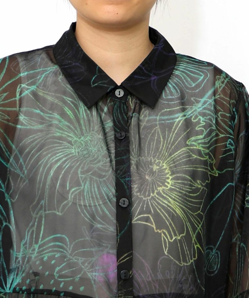花フルーツ柄シアーシャツワンピース-19