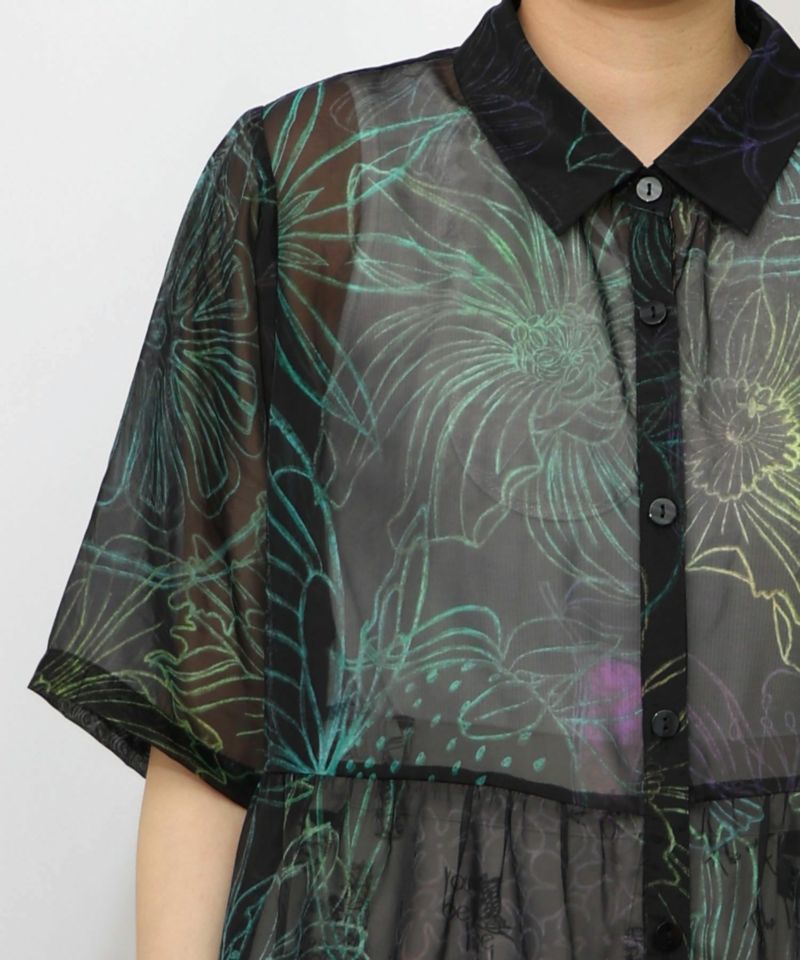 花フルーツ柄シアーシャツワンピース-20