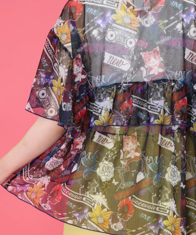 152703：POP総柄チュールシアープルオーバーの通販-ScoLar