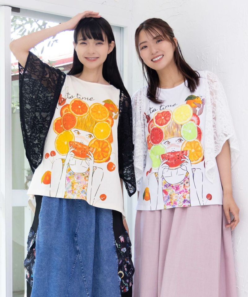 フルーティな女の子 レース袖切替Tシャツ-1