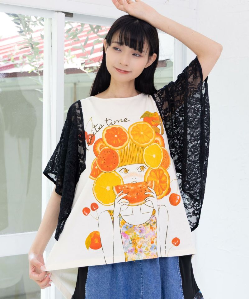 フルーティな女の子 レース袖切替Tシャツ-3