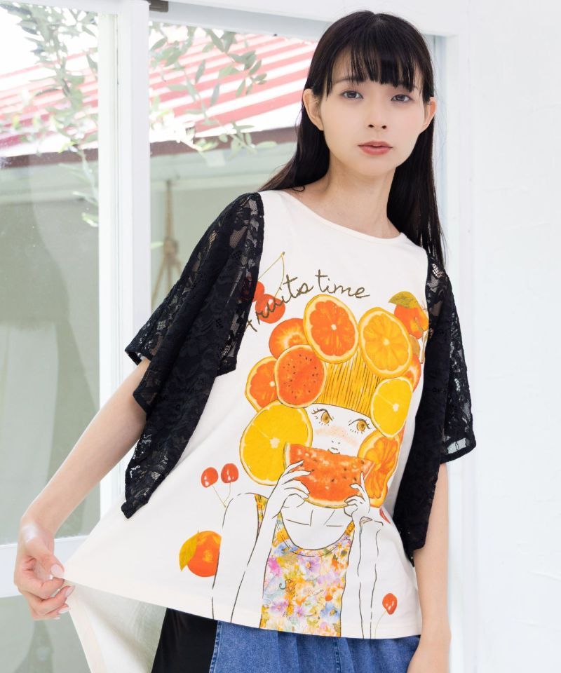 フルーティな女の子 レース袖切替Tシャツ-4