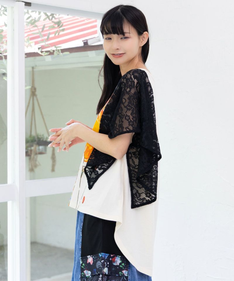 フルーティな女の子 レース袖切替Tシャツ-6