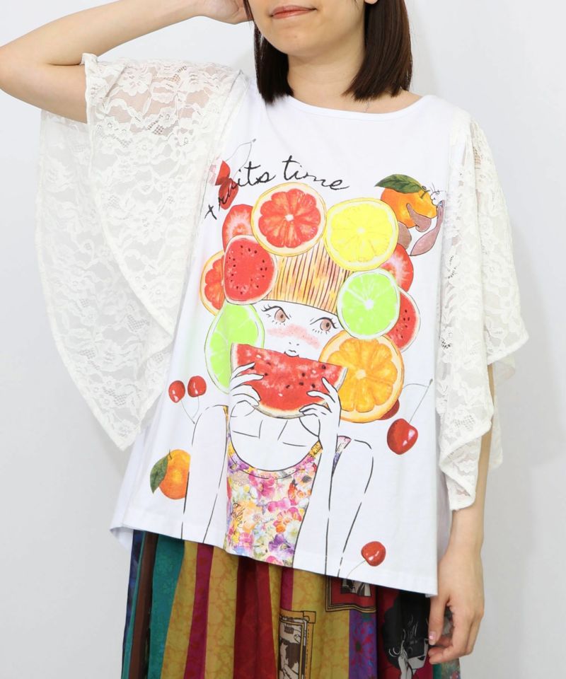 フルーティな女の子 レース袖切替Tシャツ-9