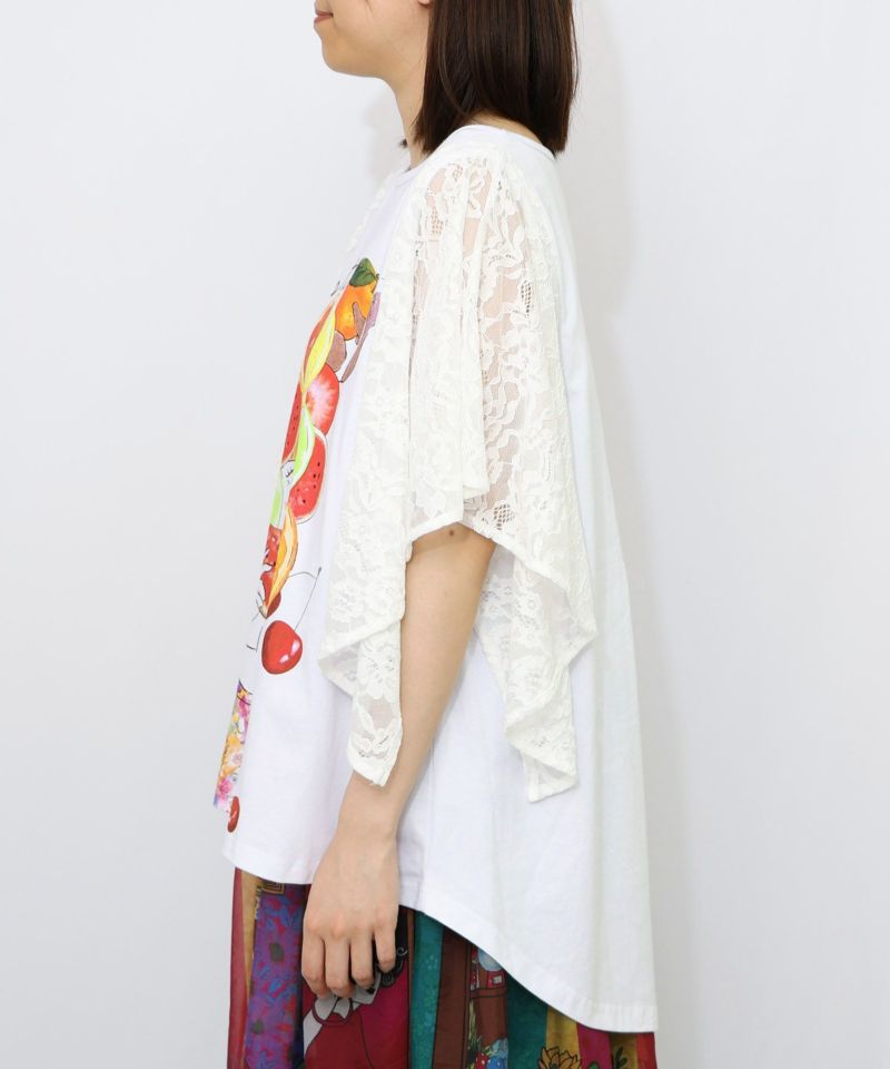フルーティな女の子 レース袖切替Tシャツ-10