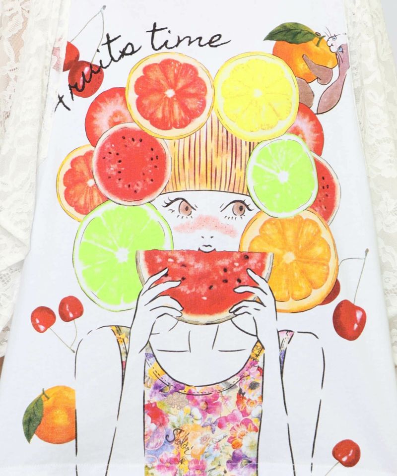 フルーティな女の子 レース袖切替Tシャツ-12