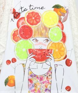 フルーティな女の子 レース袖切替Tシャツ-12