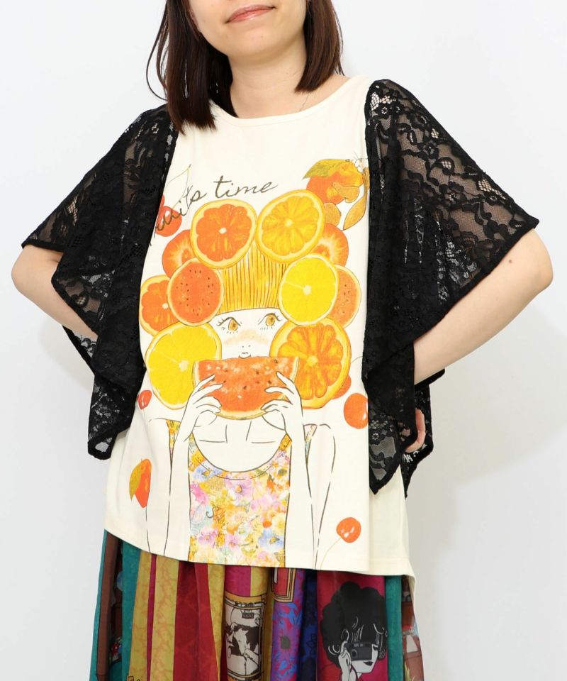 フルーティな女の子 レース袖切替Tシャツ-13