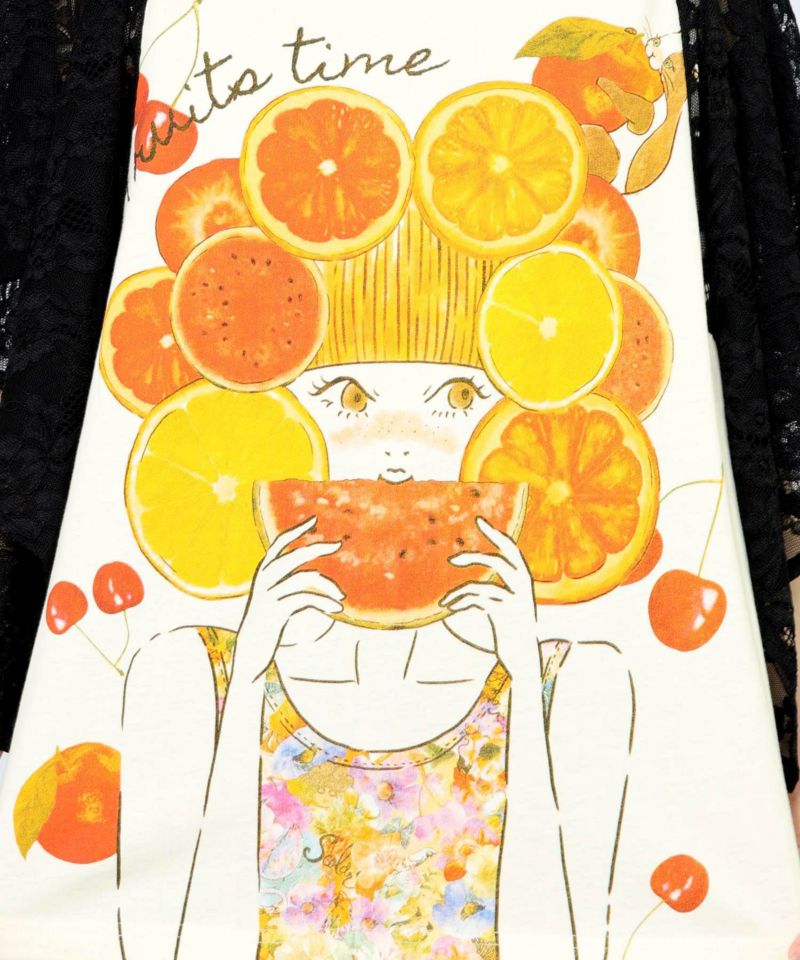 フルーティな女の子 レース袖切替Tシャツ-16