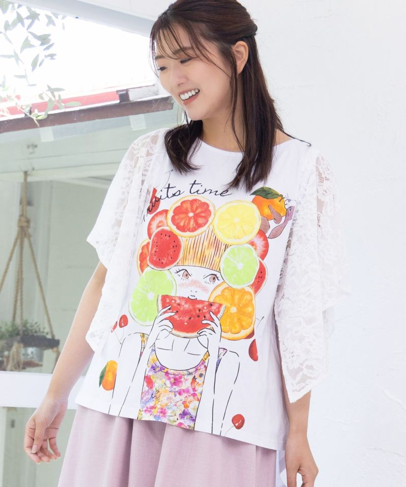 フルーティな女の子 レース袖切替Tシャツ-17