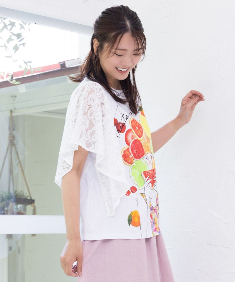 フルーティな女の子 レース袖切替Tシャツ-19
