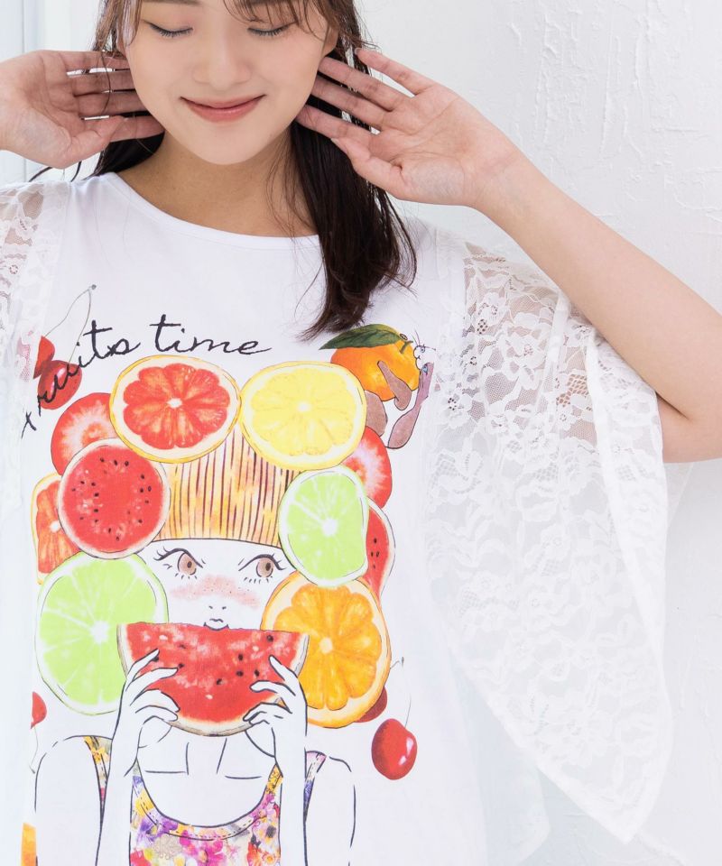フルーティな女の子 レース袖切替Tシャツ-21