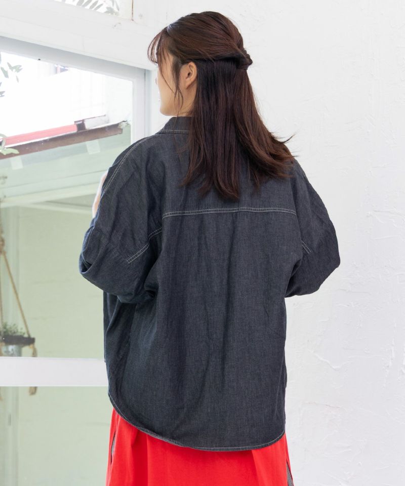 花柄ポケット付 デニムシャツ-4