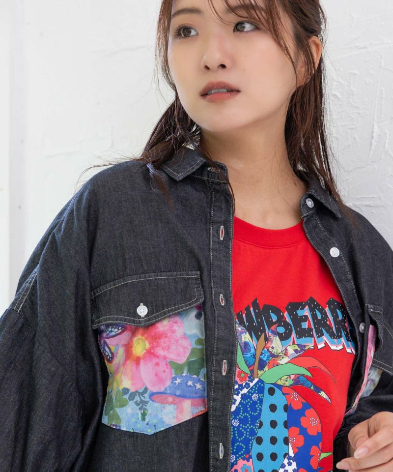 花柄ポケット付 デニムシャツ-7