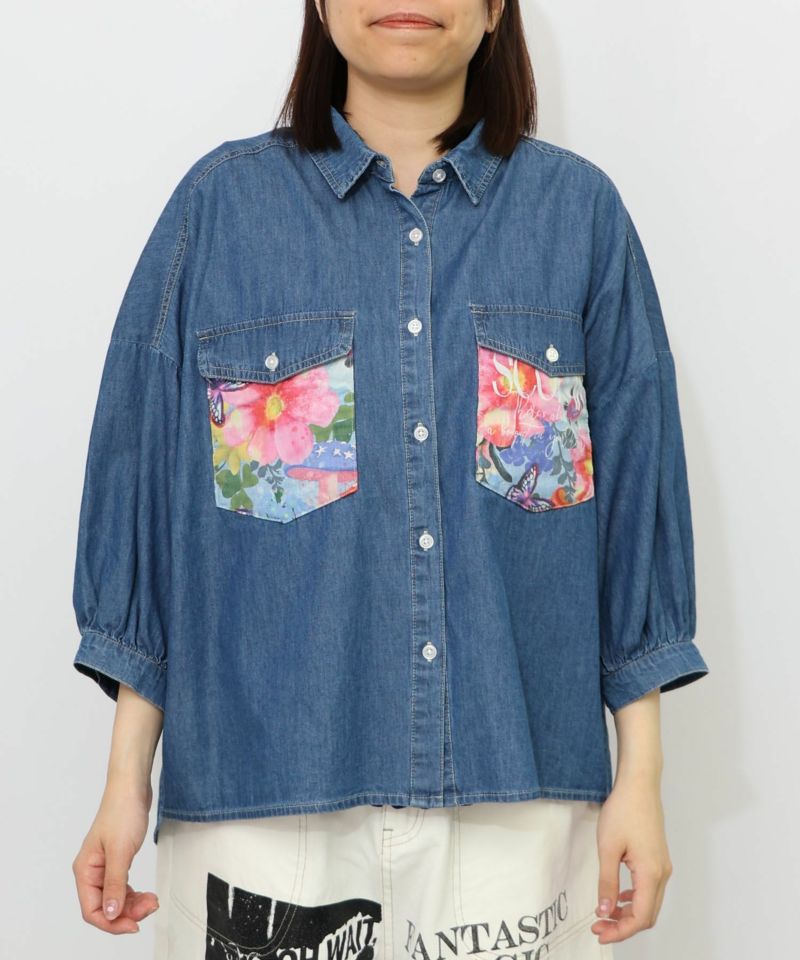 花柄ポケット付 デニムシャツ-12