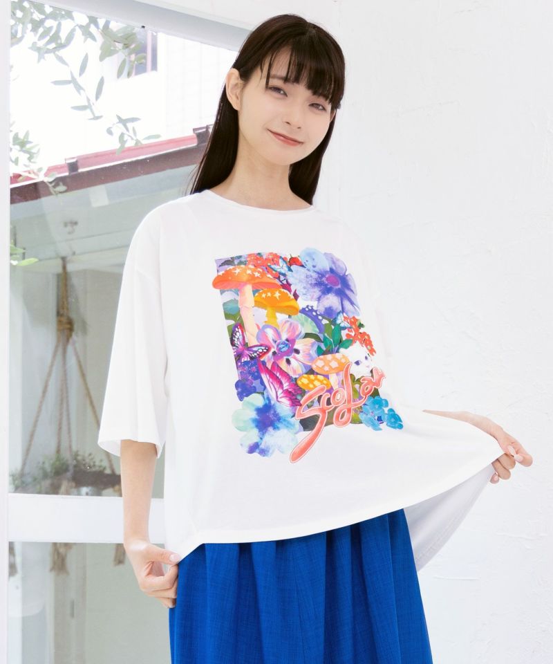 ネコ花キノコ柄 接触冷感Tシャツ-1