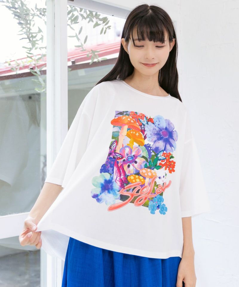 ネコ花キノコ柄 接触冷感Tシャツ-5