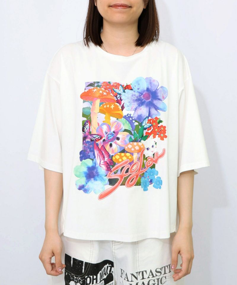 ネコ花キノコ柄 接触冷感Tシャツ-8
