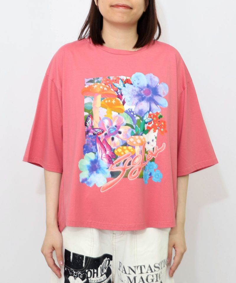 ネコ花キノコ柄 接触冷感Tシャツ-12