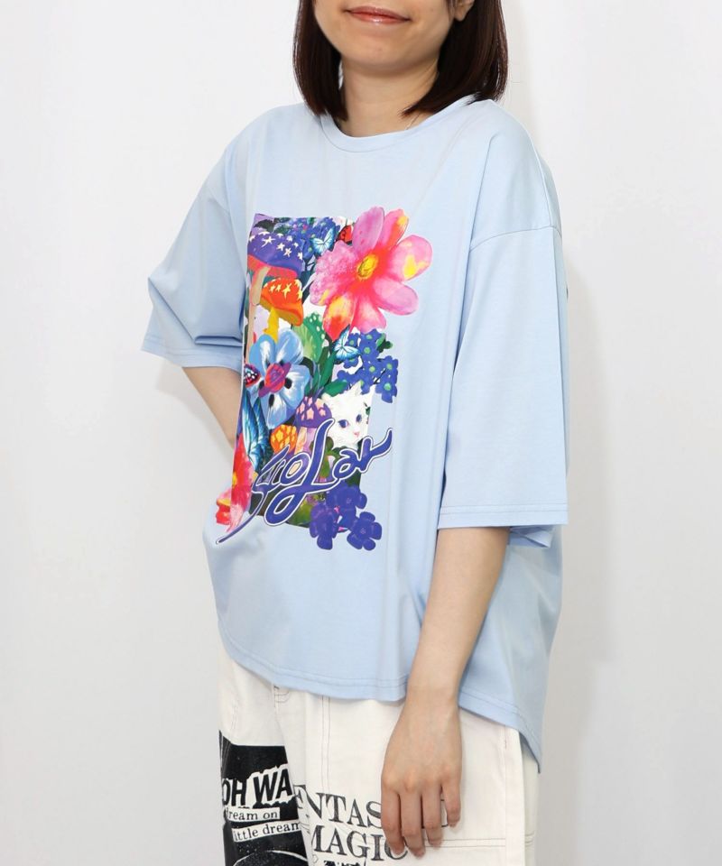 ネコ花キノコ柄 接触冷感Tシャツ-16
