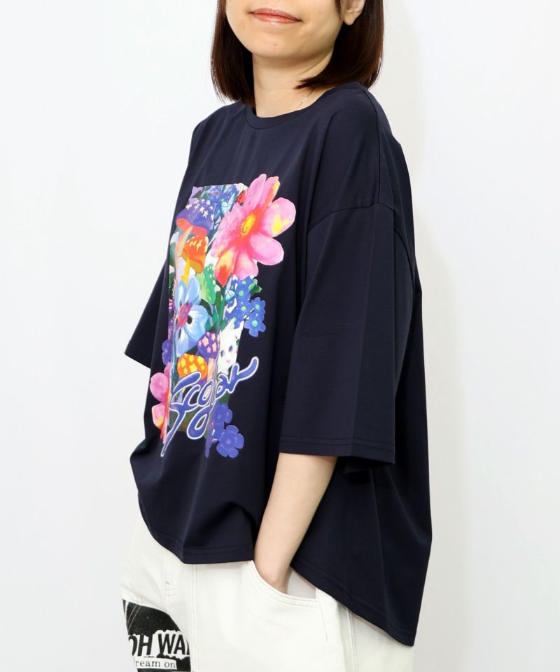 ネコ花キノコ柄 接触冷感Tシャツ-21