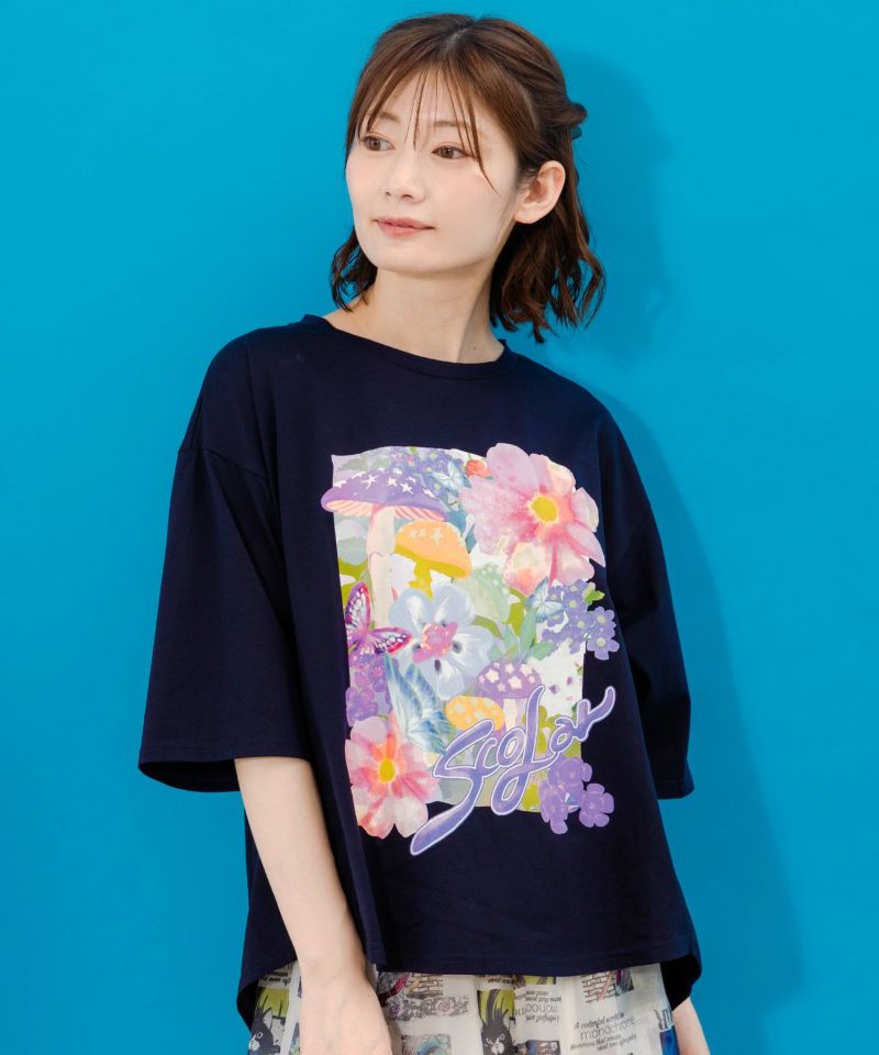 ネコ花キノコ柄 接触冷感Tシャツ-24