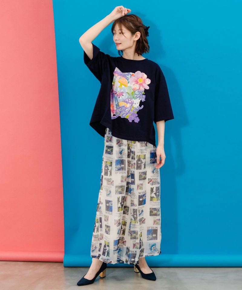 ネコ花キノコ柄 接触冷感Tシャツ-25