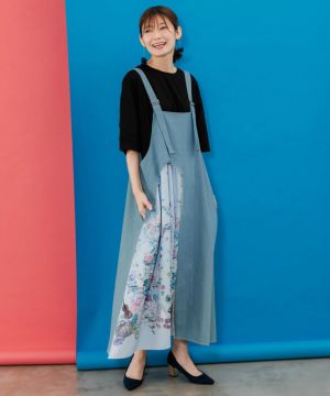 花蝶線書きプリント 切替デニムキャミワンピース-1