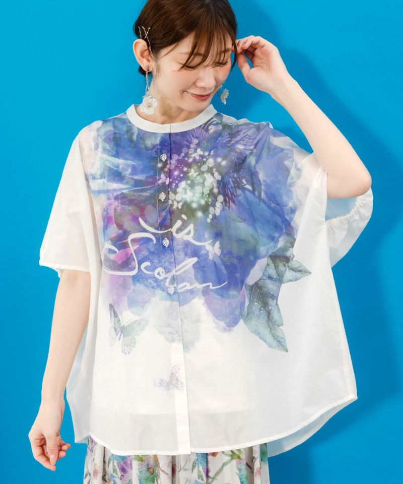 大輪の水彩花柄シャツ-1